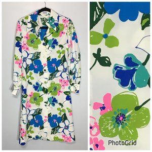 Vintage 70s Floral Shirt Dress Shift Muumuu Secretary Career Pointy Collar Vivid